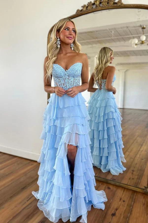 Wholesale Light Blue Strapless High Low Prom Dress Blue Lace Layered Formal Evening Dress